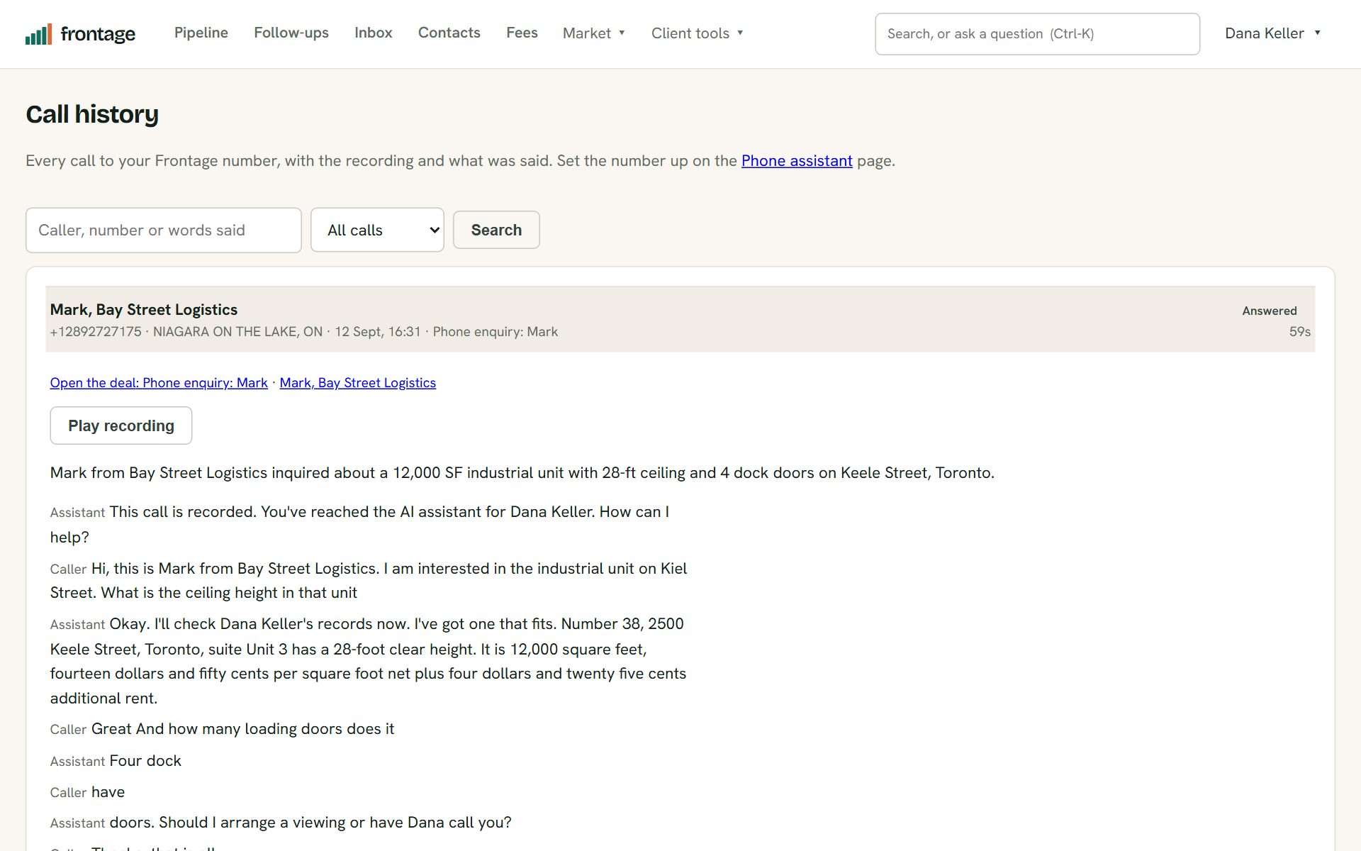 Call history: an answered call with its summary, the transcript line by line, and links to the deal and contact it created