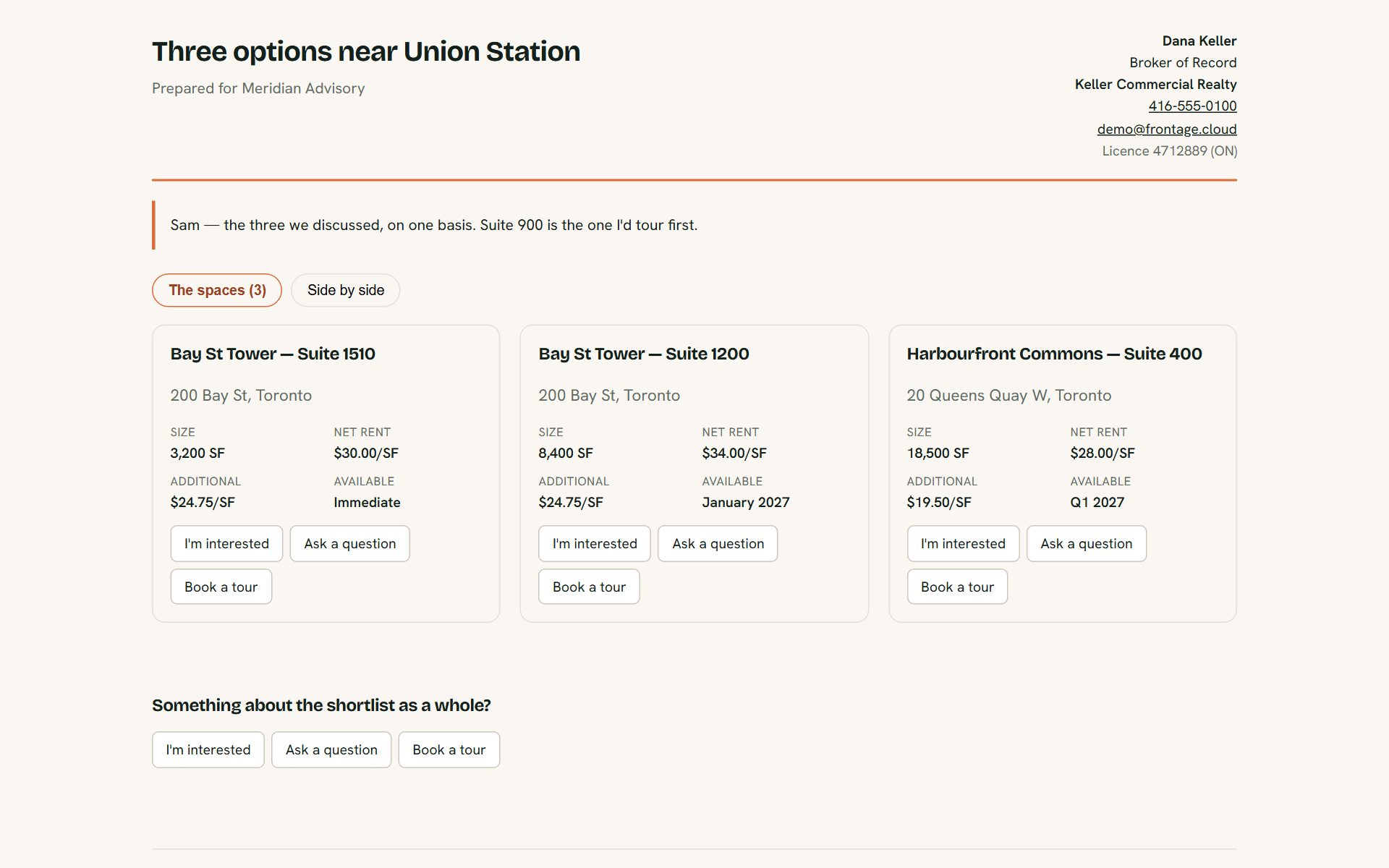 A shortlist page a client opens without signing in: three spaces side by side, with buttons to say they're interested, ask a question or book a tour